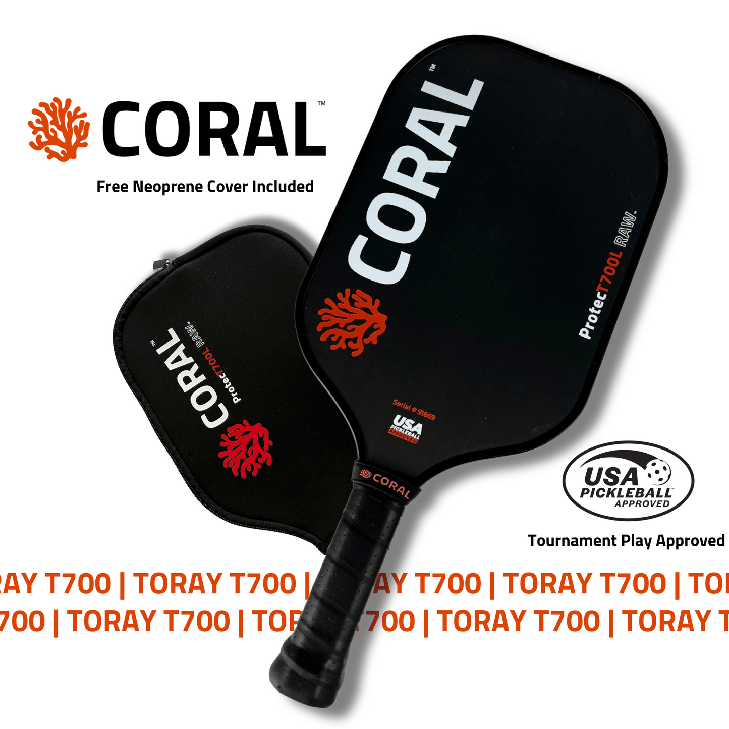 CORAL ProtecT700L RAW Carbon Fiber Pickleball Paddle with Free Protective Neoprene Cover