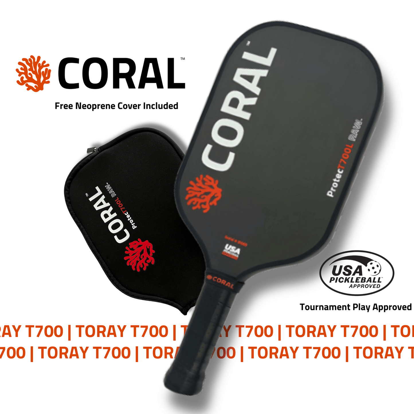 CORAL ProtecT700L RAW Carbon Fiber Pickleball Paddle with Free Protective Neoprene Cover