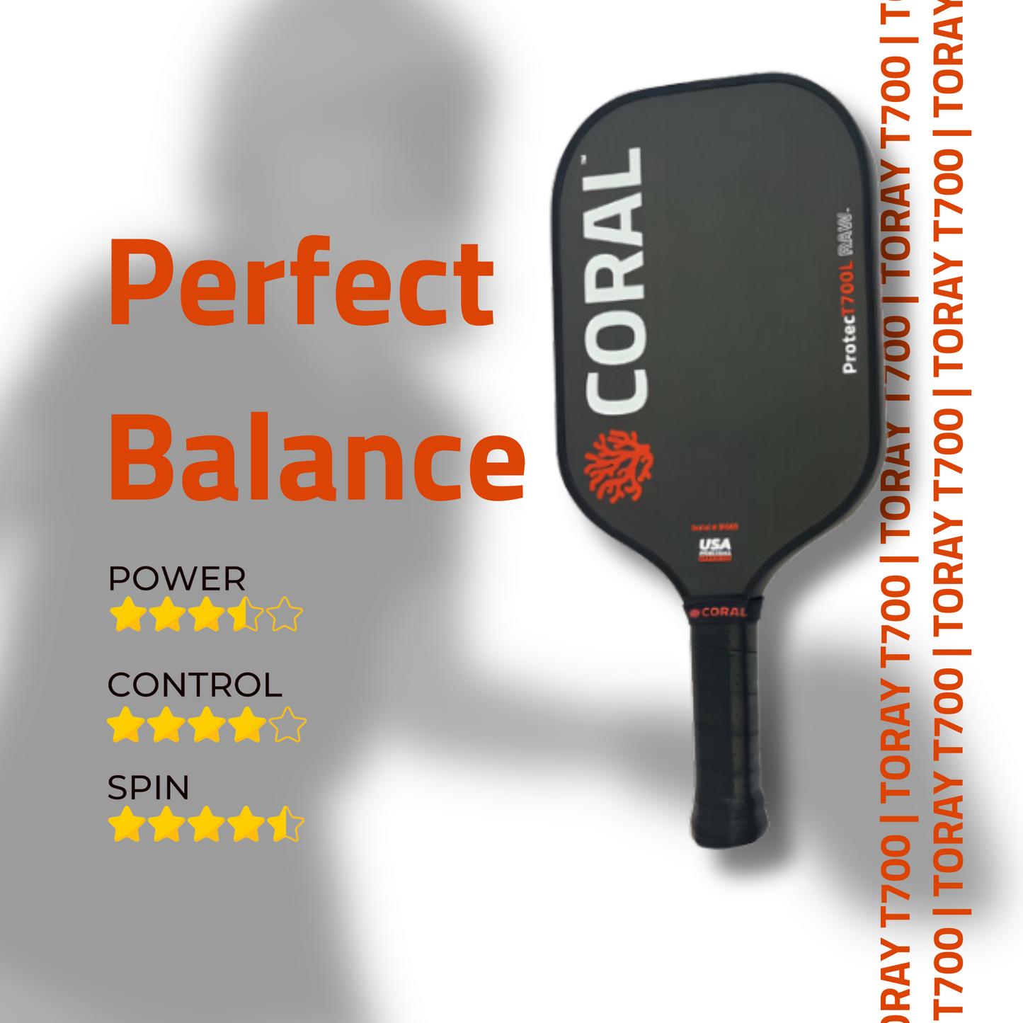 CORAL ProtecT700L RAW Carbon Fiber Pickleball Paddle with Free Protective Neoprene Cover